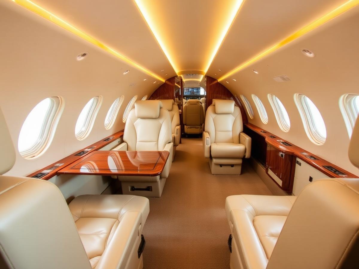 Spotless private jet cabin with cream leather seating and polished veneer