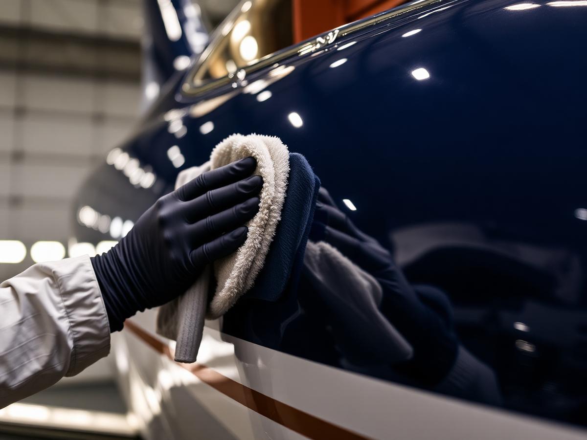 Technician polishing the fuselage of a business jet in a hangar